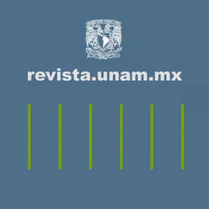 En la parte superior central se encuentra el logo de la UNAM, inmediatamente en la parte inferior está la dirección electrónica de la página ( revista.unam.mx) y en la parte inferior están seis líneas verticales perpendiculares de color verde. El fondo de la imagen es azul