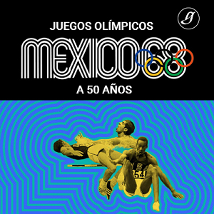 Fondo mitad negro con el logo de las olimpiadas de México 68, la otra mitad en color azul con verde e imágenes al centro de deportistas olímpicos. 