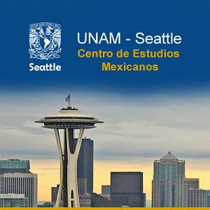 Imagen de edificios de la ciudad de Seattle y de encabezado el logo de la UNAM en Seattle