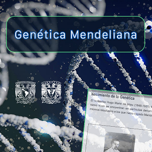 De fono unas imágenes de cadenas de ADN, en la parte superior el título del recurso y en la parte inferior derecha una imagen de un texto con la foto científico.