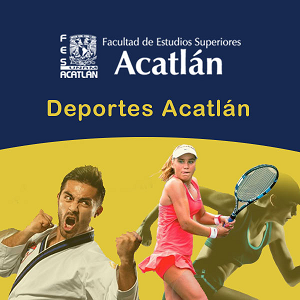 Dividida en dos colores en la parte superior en un color azul escudo de la FES Acatlán y título del recurso, en la parte inferior en amarillo imágenes de deportistas universitarios