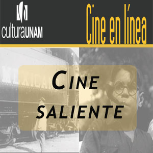 Fondo en color negro con la silueta en blanco de una cámara cinematográfica antigua y en el lado derecho la frase Cine en línea en color amarillo.