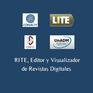Contiene 4 logos de instituciones, en la parte de abajo están las palabras  "RITE, Editor y Visualizador de Revistas Digitales"  en color blanco, el fondo de la imagen es azul marino.