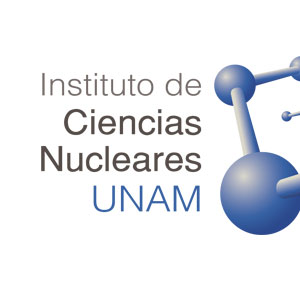 A la izquierda están las palabras "Instittuo de Ciencias Nucleares" en color negro, posteriormente abajo de estas está la palabra "UNAM" en color azul. En el lado derecho, se vislumbra la esquina de un modelo de molécula.