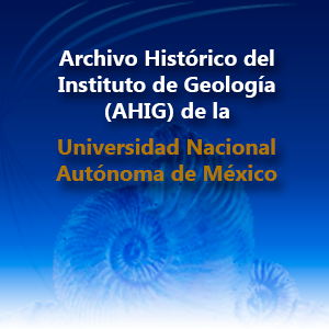 Se muestra el nombre del recurso "Archivo Histórico del Instituto de Geología (AHIG) de la UNAM" con un fondo azul y la imagen del fósil de un caracol