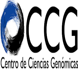 logo del Centro de Ciencias Genómicas de Cuernavaca, fondo blanco letras negras con circulo en azul y negro 