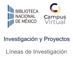 Fondo blanco, logos de la biblioteca NAcional de México y del campus Virtual, letras en color gris que dicen líneas de investigación