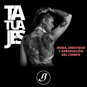 Fondo negro al centro mujer tatuada letras en color blanco con el título de la publicación