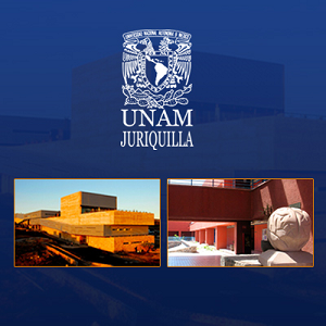 Imagen con fondo azul, sobre ella el logo del campus Juriquilla de la UNAM y dos fotografías de las instalaciones