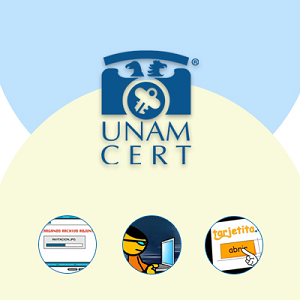 En el fondo dos medios círculos, al frente en la parte superior el logo de UNAM CERT y abajo imágenes que representan seguridad en cómputo