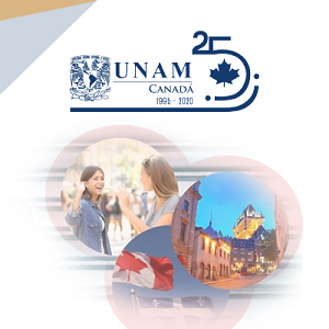 En la parte superior logo del UNAM Canadá en la parte inferior fotografías de estudiantes y del campus en Canadá