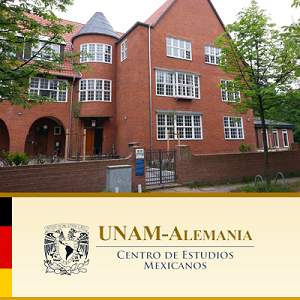 Imagen de la fachada del campus en Alemania y en la parte inferior colores de bandera alemana, escudo de la UNAM y letras con el título del centro de estudios
