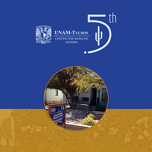 Imagen con dos colores Azul en la parte superior en el se ve el logo de la UNAM y letras con título del recurso, en la parte inferior un dorado y al centro un círculo con una imagen de un edificio del campus. 