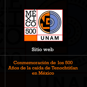 Imagen con fondo negro, sobre el el logo creado para la conmemoración de los 500 años de la caída de tenochtitlan y letras que hacen referencia al recurso.