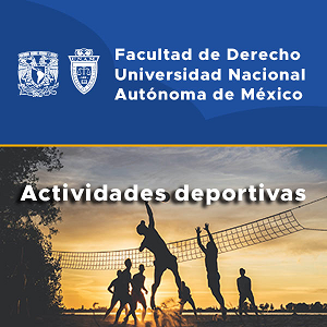 Dividida en dos, en la parte superior escudo de la UNAM y facultad con los títulos de cada escudo y en la parte inferior imagen de jugadores de voleibol