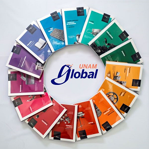Círculo de revistas y al centro el logo de UNAM Global