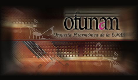 El logo de este sitio contiene en la parte central la palabra OFUNAM, en color negro, en la parte superior un pentagrama, y en el inferior la frase Orquesta Filarmónica de la UNAM.